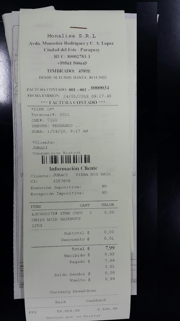 Fiscal receipt generated by Floreant POS at Monalisa Paraguay — showing serial control, form number, RUC, and itemized transaction details